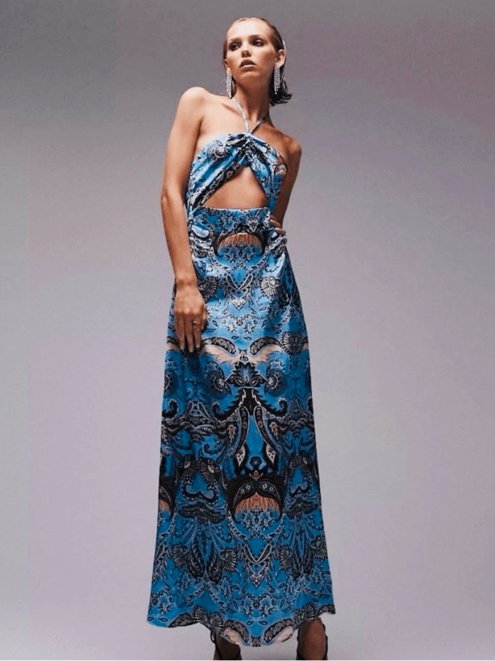 TopShop Blue Paisley Silky Cutout Halter Maxi Dress
